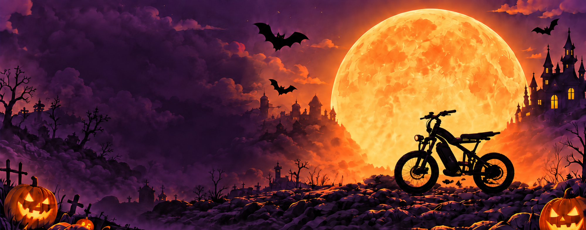 DM14 electric bike silhouette under a Halloween moon