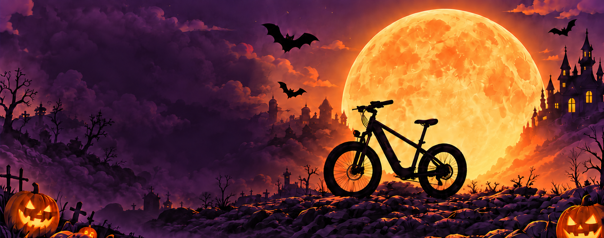 P6 electric bike silhouette under a Halloween moon