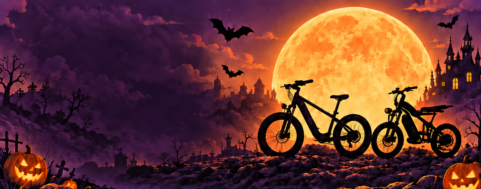 Halloween moon, pumpkins and Hiboy bicycles